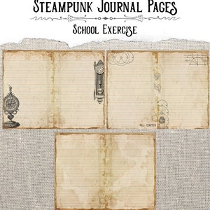 May include: Three pages of lined paper with a vintage, aged look. The pages have a distressed, torn edge and feature various steampunk-themed illustrations, including a clock, compass, and gears. The text "No. 006729" is printed on one of the pages.