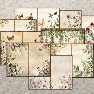 May include: A set of 12 vintage-style journal pages featuring a watercolor floral and butterfly design. The pages have lined paper and are perfect for scrapbooking, journaling, or crafting.