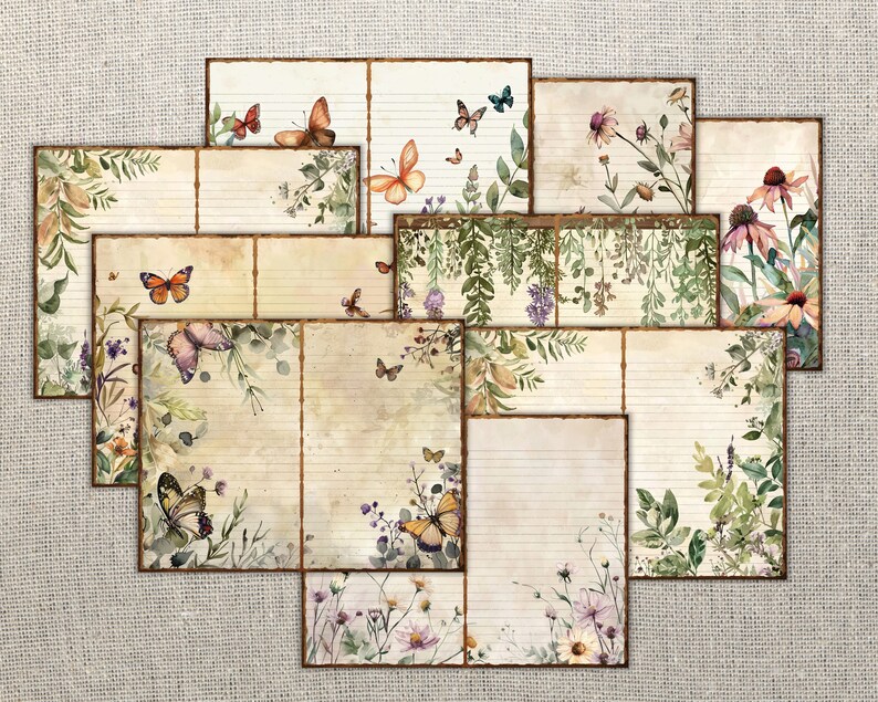 May include: A set of 12 vintage-style journal pages featuring a watercolor floral and butterfly design. The pages have lined paper and are perfect for scrapbooking, journaling, or crafting.