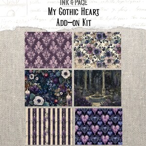 Puede incluir: Un paquete de papel digital con cuatro patrones diferentes en tonos de morado, blanco y negro. Los patrones incluyen un dise&ntilde;o de damasco, un patr&oacute;n floral, una escena de jard&iacute;n y un patr&oacute;n de coraz&oacute;n.