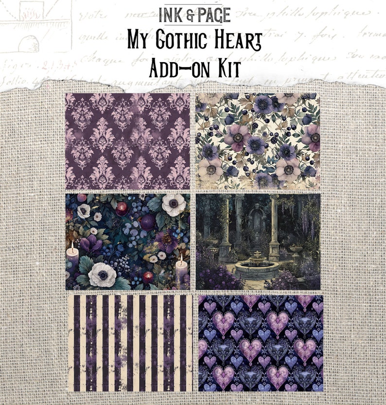 Puede incluir: Un paquete de papel digital con cuatro patrones diferentes en tonos de morado, blanco y negro. Los patrones incluyen un dise&ntilde;o de damasco, un patr&oacute;n floral, una escena de jard&iacute;n y un patr&oacute;n de coraz&oacute;n.