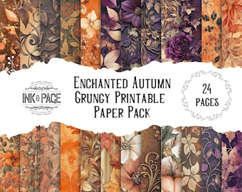 Enchanted Autumn Printable Paper Pack Fall Grungy Digital Download Magic Junk Journal Distressed Purple Pages Orange Background Craft Paper