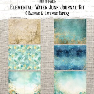 May include: Six digital papers in a collage featuring watercolour textures in shades of blue, green, and gold. The papers are designed for use in junk journaling and feature a variety of patterns, including scales, clouds, and rain.