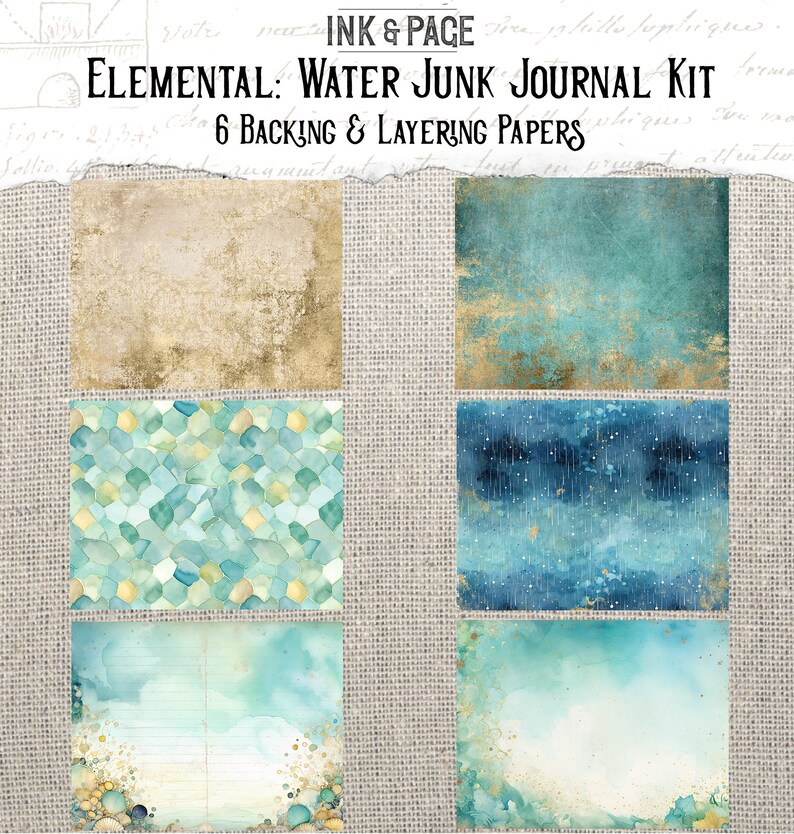 May include: Six digital papers in a collage featuring watercolour textures in shades of blue, green, and gold. The papers are designed for use in junk journaling and feature a variety of patterns, including scales, clouds, and rain.