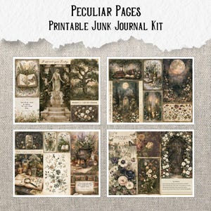 Op de afbeelding: Een printbare junk journal kit genaamd Peculiar Pages met vier vellen papier voorzien van vintage-stijl illustraties van standbeelden, bomen, bloemen, boeken, kaarsen en manen in gedempte aardetinten en zachte bloemkleuren.