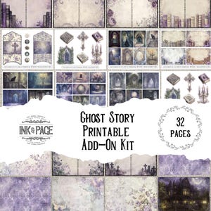 Ghost Story Printable Ephemera Add-On Junk Journal Kit Haunted House Tag Gothic Paper Craft Supplies Spooky Halloween Purple Background Page