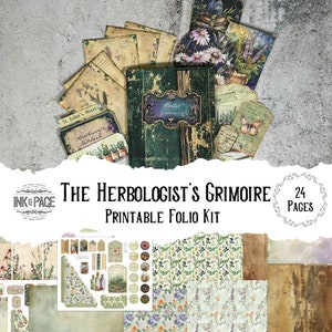 The Herbologist Folio Printable Kit Junk Journal Folder Green Witch Grimoire Herbal Pocket Vintage Tag Botanical Apothecary Digital Download