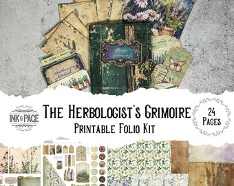 The Herbologist Folio Printable Kit Junk Journal Folder Green Witch Grimoire Herbal Pocket Vintage Tag Botanical Apothecary Digital Download