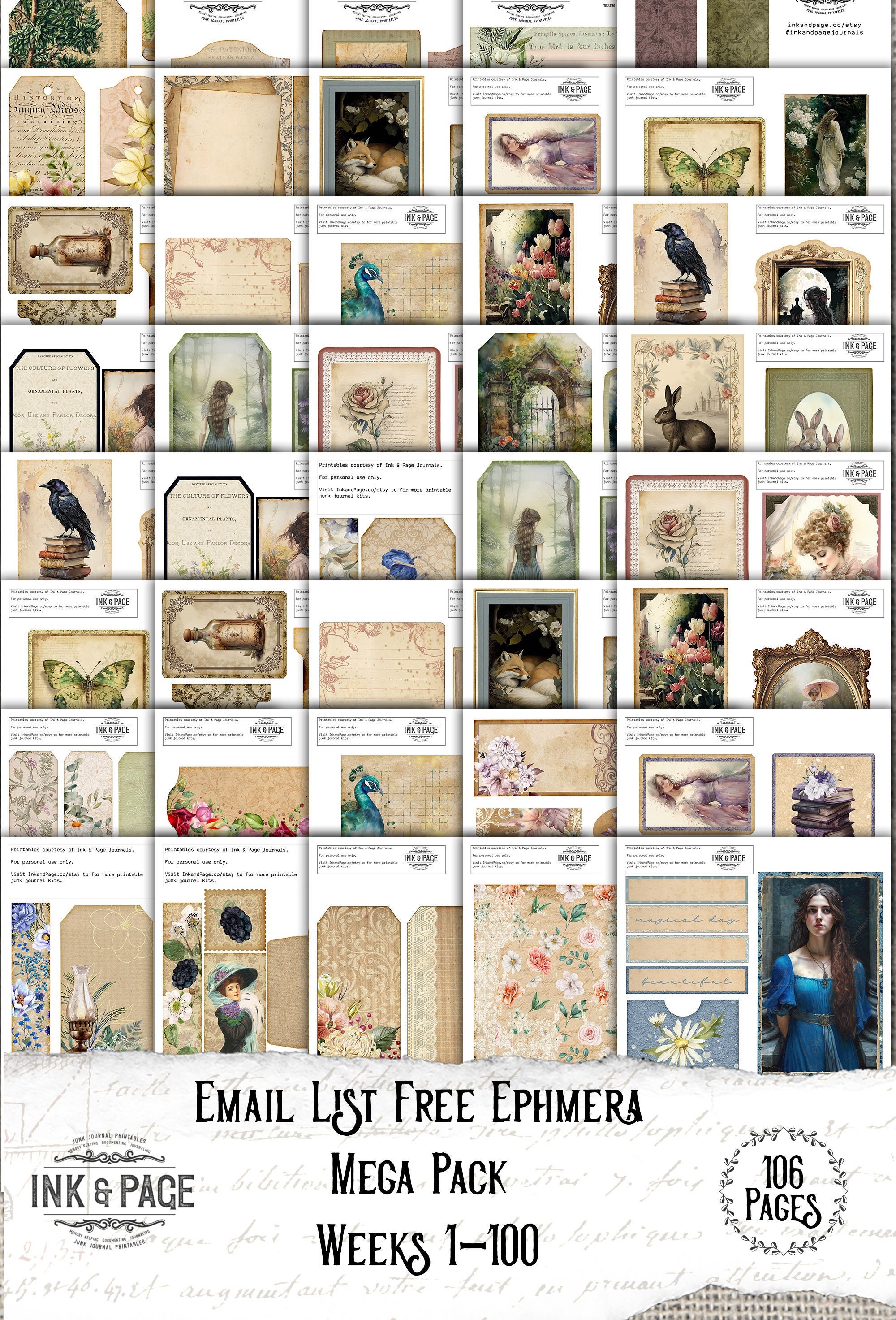 100 Pages of Junk Journal Printable Free Ephemera Mega Pack Vintage Tags Digital Download Pockets Scrapbook Postcards Bullet Journal Labels