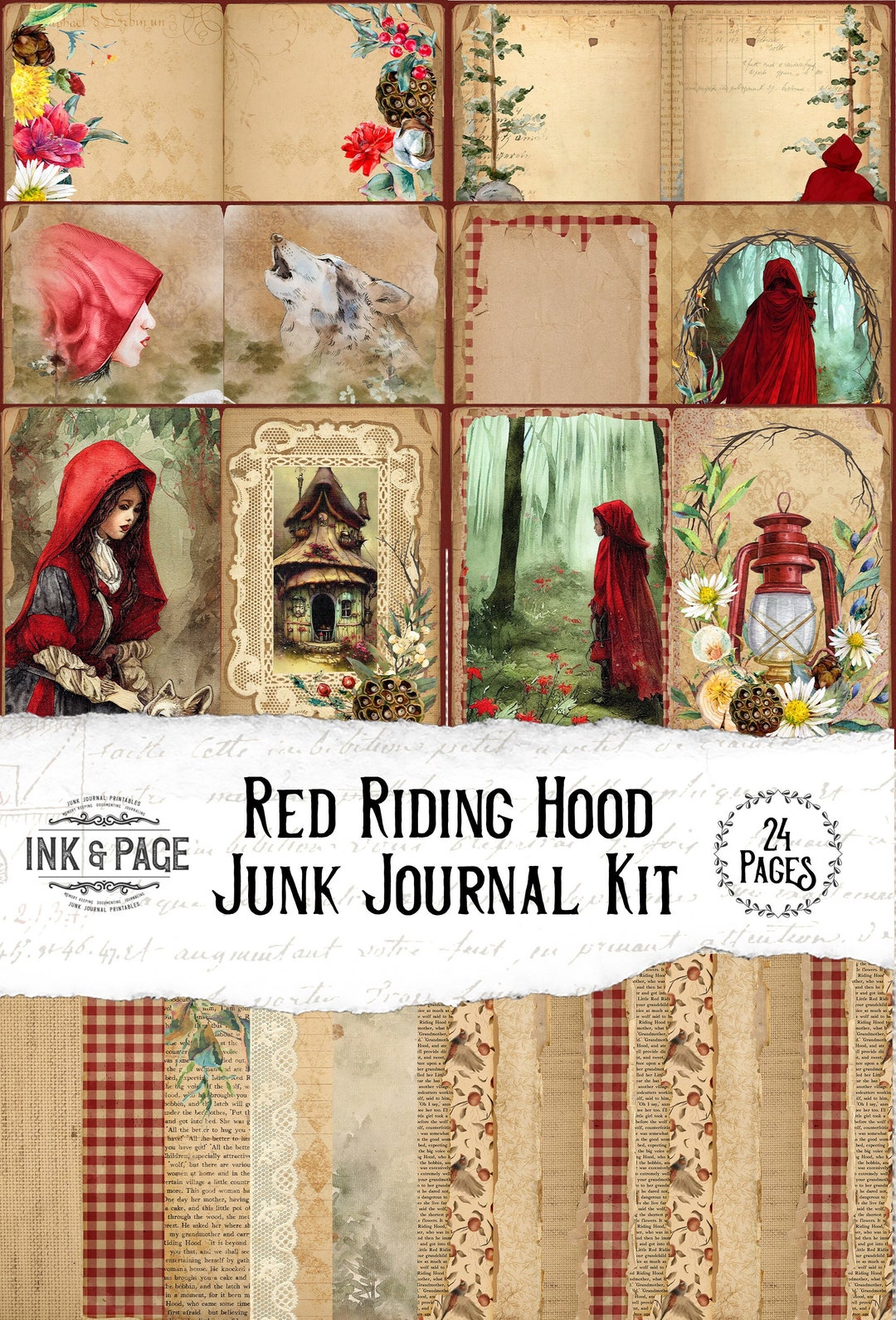 Red Riding Hood Junk Journal Printable Kit, Vintage