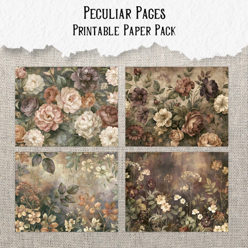 May include: Peculiar Pages Printable Paper Pack featuring four distinct rectangular sheets with vintage-style floral illustrations. The designs showcase clusters of roses and wildflowers in muted tones of cream, pink, brown, and deep purple.