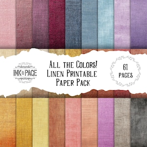 Puede incluir: Un paquete de papel digital con una variedad de texturas de lino en múltiples colores, incluyendo rosa, burdeos y azul. Se muestra el texto "All the Colors! Linen Printable Paper Pack", junto con el número de páginas, 61.