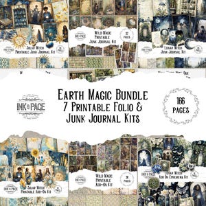 May include: A collection of printable junk journal kits and add-ons with a mystical theme. The image features various designs, including "Solar Witch," "Wild Magic," and "Lunar Witch." The bundle includes 166 pages of printable folios and kits.
