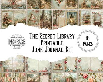 May include: A printable junk journal kit titled "The Secret Library" with 88 pages. The kit features vintage-style illustrations of forests, books, flowers, and a bird. The Ink & Page logo is also visible.