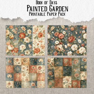 May include: A printable paper pack titled Book of Days Painted Garden featuring four distinct sections of floral patterns. The designs include clusters of red, orange, and white flowers on dark blue and cream backgrounds, plus a grid of squares.