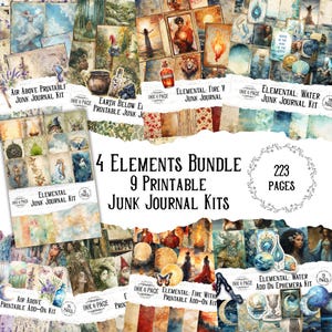 Elemental Bundle 9 Kit stampabili Junk Journal Quattro Elementi Aria Terra Fuoco Acqua Vintage Grunge Natura Segni zodiacali Libro delle ombre