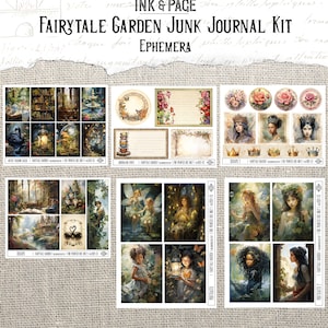 以下が含まれることがあります： 「Fairytale Garden Junk Journal Kit」の印刷可能なエフェメラのコレクション。ジャーナリングカード、スクラップブック要素、ポートレート、花や妖精のイラストが描かれた装飾的な円など、さまざまなテーマ要素が含まれています。「INK & PAGE」の文字が上部にあります。