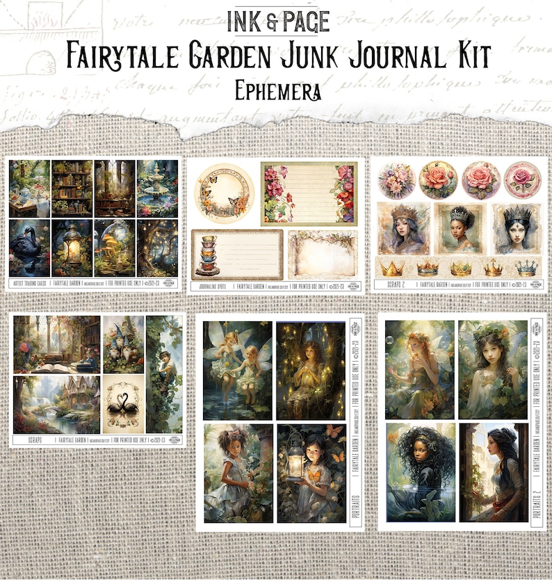 以下が含まれることがあります： 「Fairytale Garden Junk Journal Kit」の印刷可能なエフェメラのコレクション。ジャーナリングカード、スクラップブック要素、ポートレート、花や妖精のイラストが描かれた装飾的な円など、さまざまなテーマ要素が含まれています。「INK & PAGE」の文字が上部にあります。
