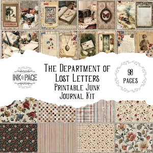 Könnte beinhalten: Ein digitales Junk-Journal-Kit mit dem Titel "The Department of Lost Letters". Das Kit enthält Ephemera im Vintage-Stil, gemusterte Papiere und Journalseiten. Das Design zeigt eine Collage aus antiken Bildern, darunter Briefe, Schmetterlinge und florale Muster. Das Kit enthält 98 Seiten.