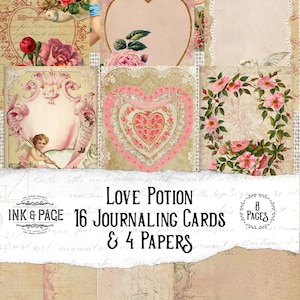 Valentine's Day Printable Junk Journaling Cards, Vintage Red Roses Ephemera Pack, Pink Shabby Digital Download, Scrapbooking Paper