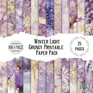 Winter Light Distressed Paper Pack Junk Journal Grungy Victorian Snowflake Card Poinsettia Paper Craft Digital Download Purple Gold Cream