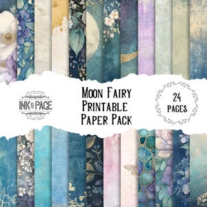 Moon Fairy Printable Junk Journal Paper Pack Digital Pretty Pastel Scrapbook Pages Distressed Vintage Background Craft Paper Fantasy Flowers