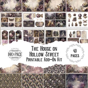 May include: A printable add-on kit titled "The House on Hollow Street" with 40 pages. The design features floral and gothic elements in shades of purple, brown, and cream. Includes various ephemera like tags, illustrations, and patterned papers.