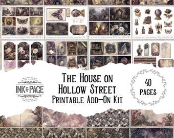 May include: A printable add-on kit titled "The House on Hollow Street" with 40 pages. The design features floral and gothic elements in shades of purple, brown, and cream. Includes various ephemera like tags, illustrations, and patterned papers.