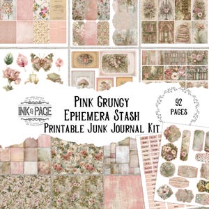Pink Grungy Ephemera Stash Printable Junk Journal Kit Distressed Vintage Papers Storage Organization Antique Floral Shabby Digital Download