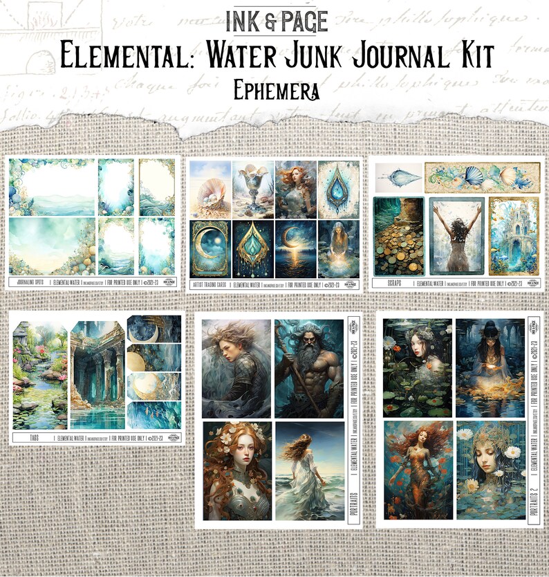 May include: A digital collage sheet featuring images of water, mermaids, and mythical creatures. The sheet is divided into nine sections, each showcasing a different image. The images range in style from realistic to whimsical. This sheet is ideal for scrapbooking, card making, and other paper crafts.