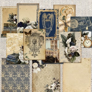 May include: A collection of vintage-style printable digital papers featuring a variety of designs, including floral patterns, architectural details, and a winged angel. The papers are in shades of blue, brown, and white.