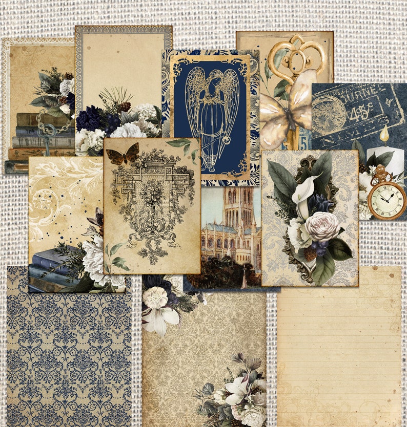 May include: A collection of vintage-style printable digital papers featuring a variety of designs, including floral patterns, architectural details, and a winged angel. The papers are in shades of blue, brown, and white.