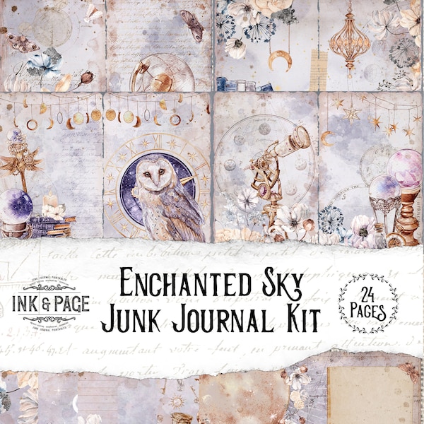 Enchanted Sky Printable Junk Journal Kit, Moon and Stars, Vintage Ephemera Pack, Celestial, Lunar, Witchy, Dark Academia, Digital Download