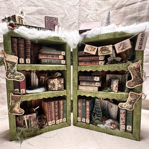 Utskrivbart kit för adventsbokhylla | Miniboklådor | Vintage julbibliotek | Skräpjournal och papperspysselprojekt bild 11