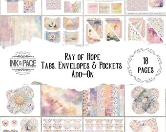 May include: A set of 18 printable pages for scrapbooking and journaling. The pages feature tabs, envelopes, and pockets with a watercolor background and floral designs. The text "Ray of Hope" and "Ink & Pace" are visible on the pages.
