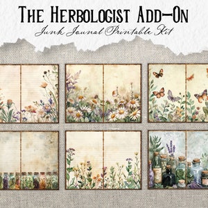 K&ouml;nnte beinhalten: Druckbarer Junk-Journal-Kit mit botanischem Thema. Das Kit enth&auml;lt sechs Seiten mit Bildern von Blumen, Schmetterlingen, Kr&auml;utern und Flaschen mit Zaubertrank.