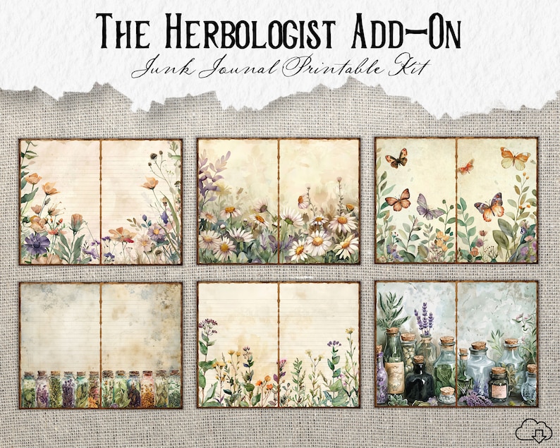 K&ouml;nnte beinhalten: Druckbarer Junk-Journal-Kit mit botanischem Thema. Das Kit enth&auml;lt sechs Seiten mit Bildern von Blumen, Schmetterlingen, Kr&auml;utern und Flaschen mit Zaubertrank.