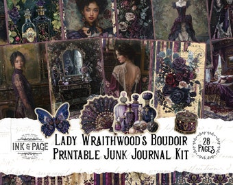 May include: A printable junk journal kit with 28 pages featuring a dark purple and black color scheme. The kit includes images of a woman in a boudoir setting, flowers, and a butterfly. The title "Lady Wraithwood's Boudoir" is printed on the front of the kit.