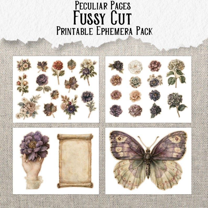 May include: A printable ephemera pack titled Peculiar Pages Fussy Cut Printable Ephemera Pack, featuring various floral illustrations, a hand holding a purple flower, a blank parchment scroll, and a large butterfly with purple and green wings.