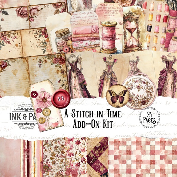 A Stitch in Time Printable Ephemera Junk Journal Tags Shabby Chic Scrapbook Embellishments Lined Pages Bullet Journal Digital Download Roses