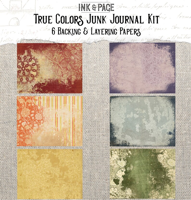 May include: Six digital papers for junk journaling. The papers feature a variety of textures and patterns, including floral, striped, and distressed. The papers are in shades of red, orange, yellow, green, blue, and purple.