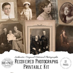Puede incluir: Un kit imprimible con 22 páginas de fotografías históricas auténticas y originales. La colección incluye varios retratos en blanco y negro y sepia de individuos y familias de diferentes épocas, presentados en un formato de collage.