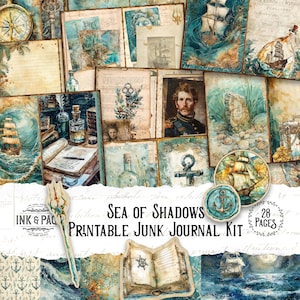 Sea of Shadows Junk Journal Printable Kit Vintage Ocean Digital Download Nautical Scrapbook Paper Under the Sea Ephemera Marine Pirate Boat