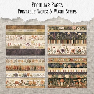 May include: Four rectangular sheets of printable washi strips and words titled Peculiar Pages Printable Words & Washi Strips. The designs feature vintage-style botanical illustrations, autumn leaves, mushrooms, and text labels in muted earth tones.