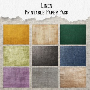 May include: A collection of nine rectangular linen paper textures in various colors, including gold, beige, green, gray, blue, and purple. The text "Linen Printable Paper Pack" is displayed at the top of the image.