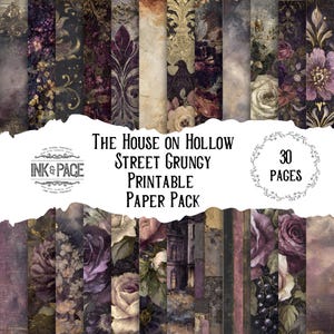 May include: A set of 30 printable paper pages with a vintage, distressed look. The designs feature floral and architectural elements in shades of purple, gold, and cream. The text reads "The House on Hollow Street Grungy Printable Paper Pack."