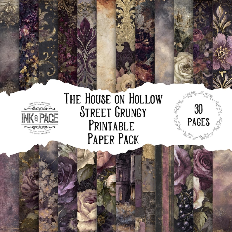 May include: A collection of 30 printable paper pages with a grungy, vintage aesthetic. The designs feature floral and architectural elements in shades of purple, gold, and cream. The text reads "The House on Hollow Street Grungy Printable Paper Pack."