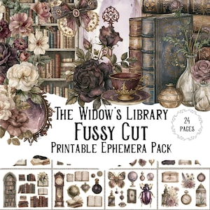 Puede incluir: Un paquete de efímeros imprimibles titulado The Widow's Library Fussy Cut 24 Pages, que presenta ilustraciones de libros antiguos, rosas oscuras, una mariposa, una taza de té y varios objetos antiguos como relojes, globos y escarabajos.