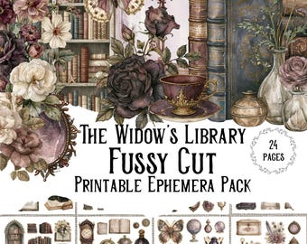The Widow's Library Fussy Kit Printable Junk Journal Ephemera Kit | Gothic Digital Download