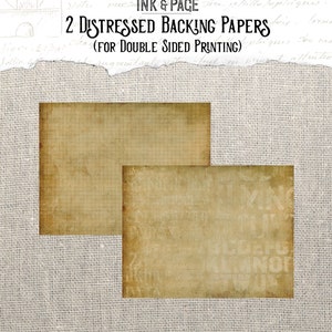 Op de afbeelding: Twee verweerde achtergrondpapieren voor dubbelzijdig printen. Het ene papier heeft een rasterpatroon en het andere een vervaagd tekstpatroon.